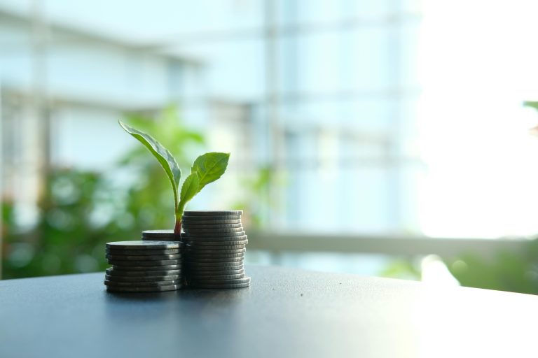 A small plant sprouting from stacked silver coins, symbolizing growth in finance.